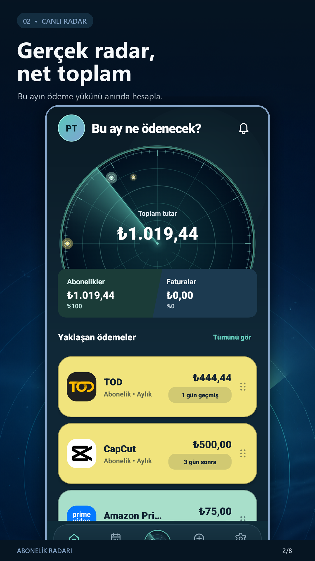Aylık ödemeleri radar üzerinde gösteren Abonelik Radarı ekranı