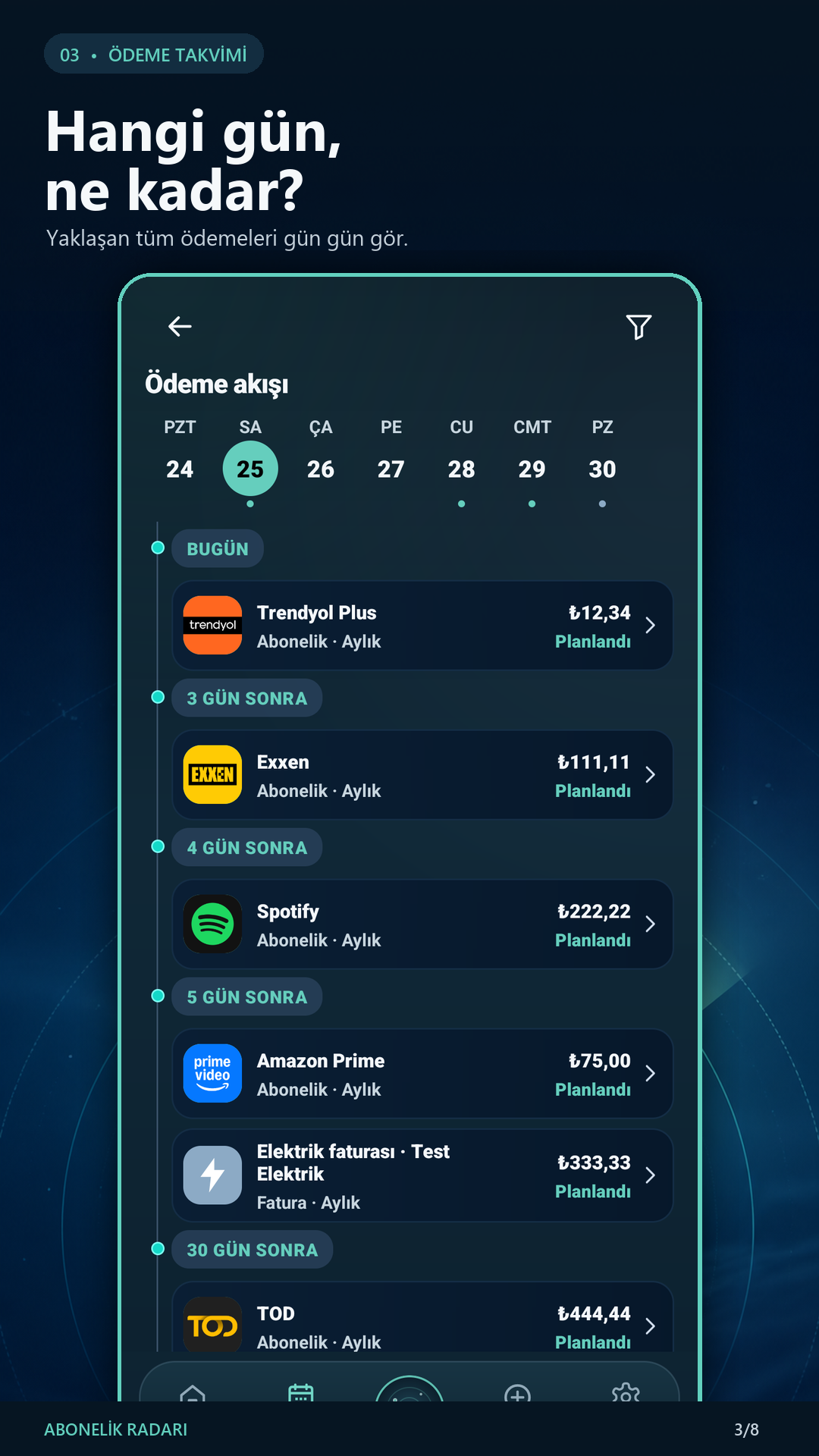 Ödemeleri gün ve tutar bilgisiyle sıralayan takvim ekranı