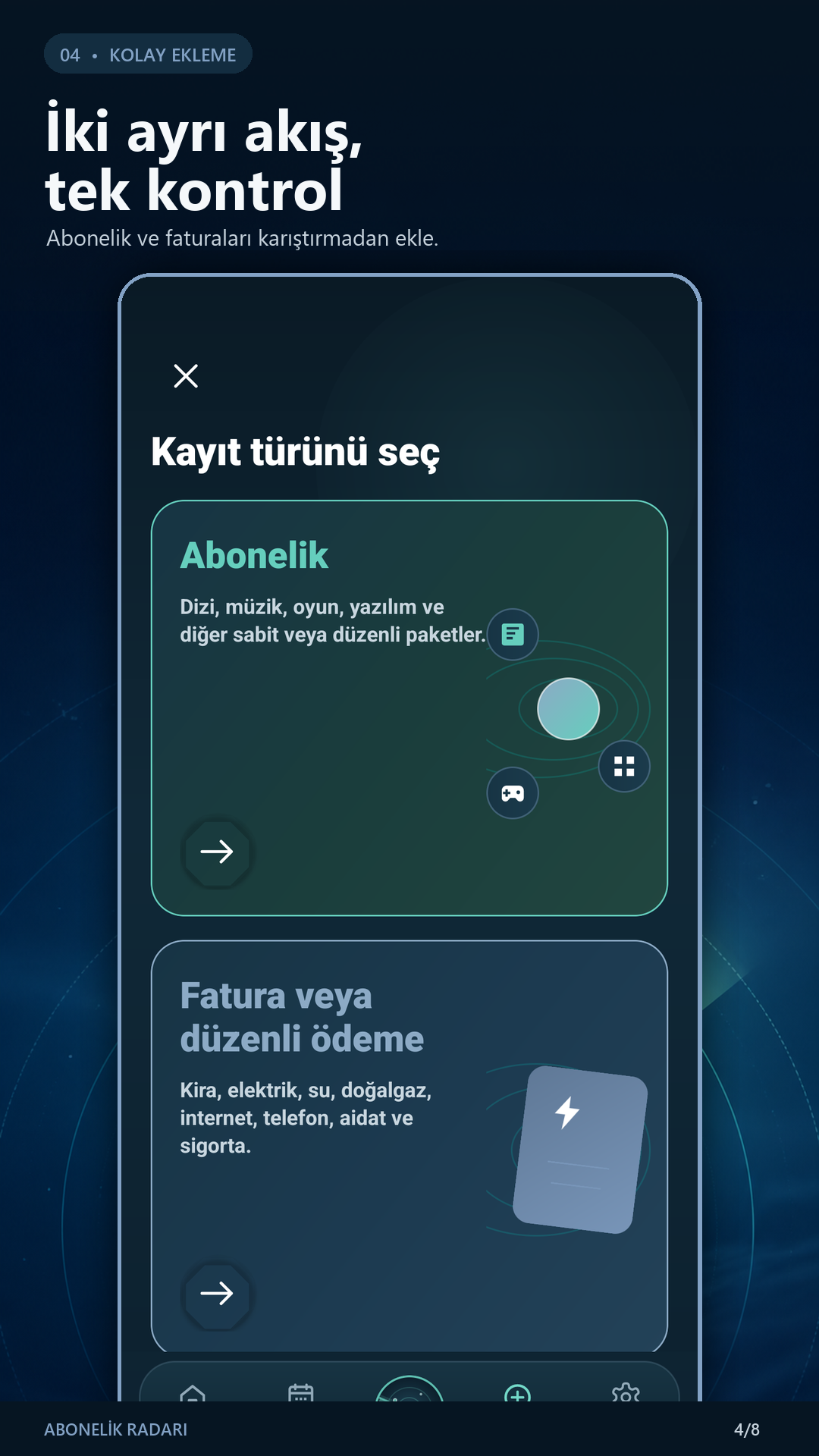 Abonelik veya fatura kayıt türü seçme ekranı